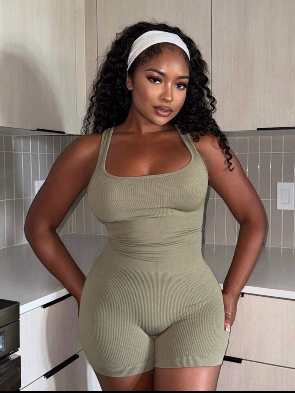 SHEIN Olive Ribbed Tank Romper
